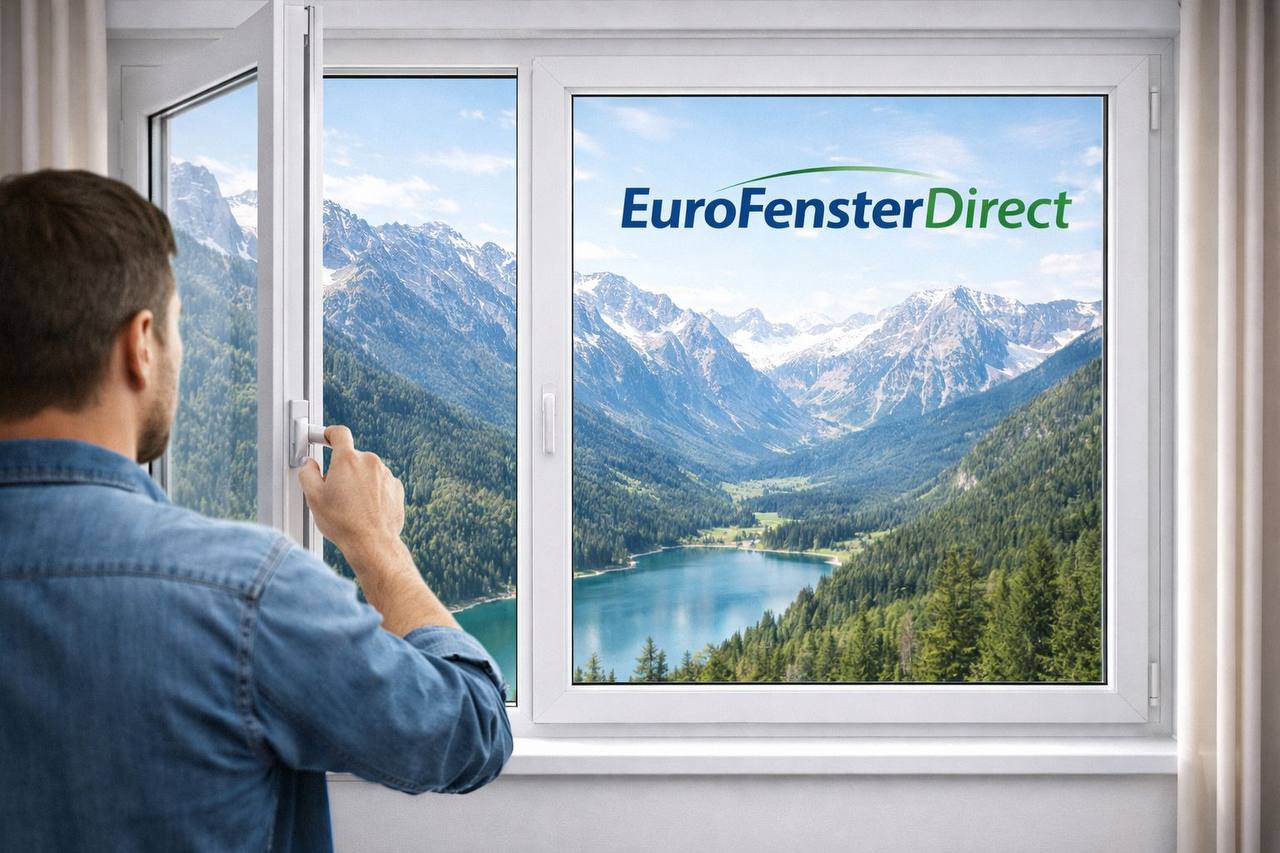 Mann öffnet ein hochwertiges Fenster mit Blick auf die Alpen – EuroFenster Direct